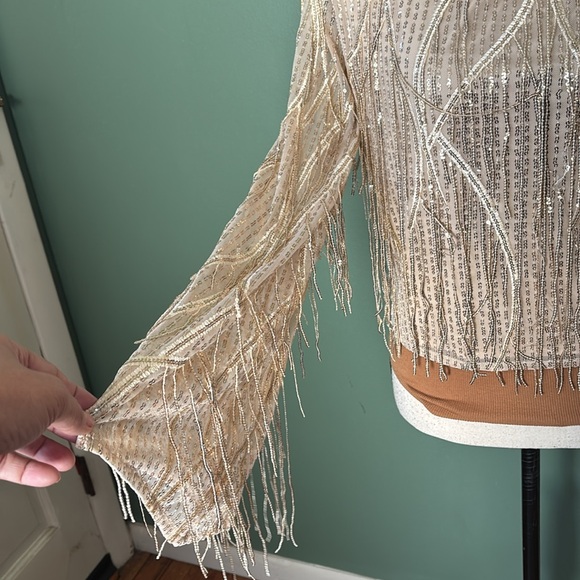 New women Sz S beige sequins embellished long sleeves party blouse top - Picture 6 of 9